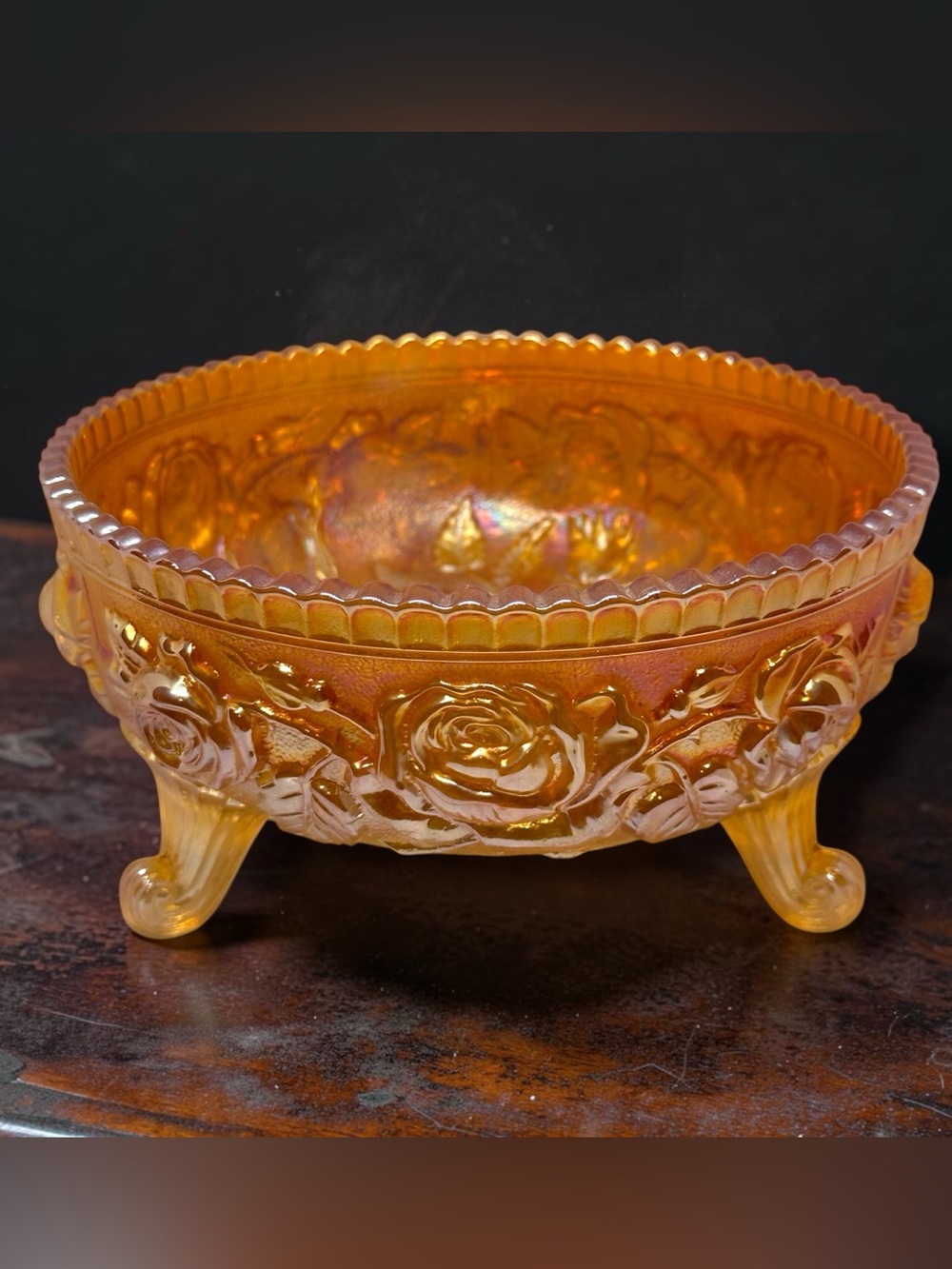 Imperial Lustre Rose Marigold Carnival Glass 3‑Footed Bowl 7.35" Vintage 1910s